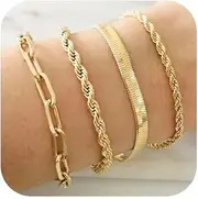 [Sanfenly] Gold Bracelets for Women, 14K Real Gold Plated Bracelets for Women Dainty Gold Bracelets Waterproof Chain Stackable Bracelets Cuban Link Paperclip Gold Bracelet Stack Jewelry for Women