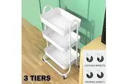 OZNALA 3 Tiers Kitchen Toilet Storage Trolley Cart Steel Rack Shelf Organiser Wheels-White