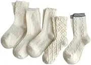 [Kelabia] 5 Pair White Cute Socks Cottagecore Floral Lace Ruffle Women Socks Japanese Kawaii Cable Knit Socks Frilly Ankle Socks