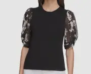 DKNY Women's Black Printed Stretch Chiffon-Sleeve Top Size S