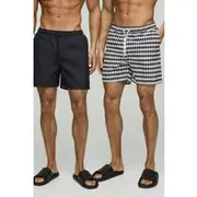 Mens Black 2 Pack Checkerboard and Plain Mid Length Swim Short