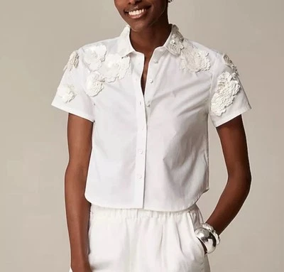 NWT$188 J. Crew White Beaded Floral Embellished Women's Top, Blouse, 6, Small