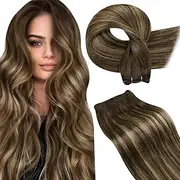 LaaVoo Brown Weft Hair Extensions Human Hair 20 Inch Balayage Medium Brown Fading to Caramel Blonde Sew in Hair Extension Real Human Hair Natural Real Hair Extensions Weft Long Straight 100g