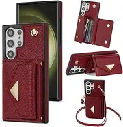 Wallet Case for Samsung Galaxy S23 FE, Matte Leather Wallet Phone Case Detachable Shoulder Strap Buckle Design Cover - Red