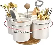 JUXYES Set of 4 Ceramic Rotating Silverware Holder For Party, White Cutlery Holder Holder With Rotating Base, Small Flatware Organizer Rotating Utensil Holder Organizer for Kitchen Dining Tables