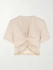 [RABANNE] RABANNE - Cropped Fringed Embellished Cotton-jersey T-shirt - Neutral - FR 40 FR 40 Neutrals