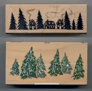 Set of 2 All Night Media Stamps - Snowy Pine Border and Cozy Hamlet, Brand-New
