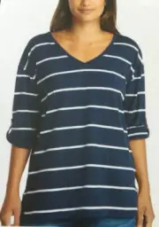 Nautica Ladies Small V Neck Top Roll Tab Tee White Navy Stripe NWT S New