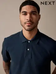 Navy Textured Waffle Button Through 100% Cotton Polo Shirt (AU5448) | $36