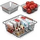 3 Pack Wire Baskets for Pantry Storage - Black Metal Baskets Bin with Beech W...