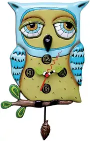Allen Designs Swinging Pendulum Wall Clock 30cm Quirky Retro Old Blue Owl
