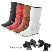 Retro Women Rhinestones Bow Tie Low Heeled Slip On Mid Calf Boots Round Toe