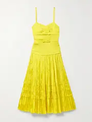 [JASON WU COLLECTION] JASON WU COLLECTION - Bow-embellished Pleated Satin-jacquard Midi Dress - Chartreuse - US6 US 6 Yellow