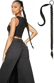 Honwor 32 in Black Synthetic Ponytail Extension - Fishbone Braid, Long Loose Braid Hair Band, Natural Soft Touch, Versatile Braided Hairstyles