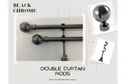 DOUBLE Curtain Rods & Finial Sets, Extendable from 120cm-380cm BLACK 25/28mm