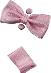 [Zasel] Mens Light Pink Checkered Matching Bow Tie, Pocket Square & Cuff Links Set Light Pink, White