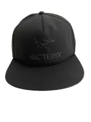 Arc'teryx Logo Flat Brim Trucker Hat Black on Black Mesh Cap NWT 5 Panel OSFA