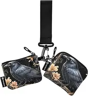 [XYMZR] Mini Zip Around Wristlet keychain Wallet Crow Gold Floral for Women Personalized Pattern Detachable Dual Pouch Wristlet Portable Wallet Phone Coin Purse, Multi-colored, One Size