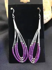 Purple Stone 3 Strand Heishi Liquid Sterling Silver Dangle Earrings 01985