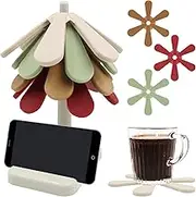 Silicone Tree Coasters Set of 4, 7.5 in Trivets for Hot Dishes Decorative, Christmas Tree Trivet with 4 Trivet 1 Stand, Silicone Coasters with Holder for Kitchen Table