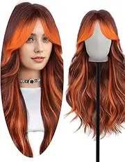 Long Wavy Wigs for Women Synthetic Middle Part Heat Resistant Hair Wigs for Party Daily Use Dark Brown With Orange Highlights Curly Wave Natural Looking Wig Orange & Brown