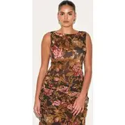 Plus Black Floral Printed Chiffon Boatneck Crop Top, Dark Plum