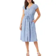Briggs Womens Linen Blend Dress with Drawstring Waist, Light Blue, 2XL
