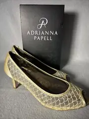 Adrianna Papell Women's Jamie Dress Pump Gold Nude Saba Mesh Peep Toe Size 11W