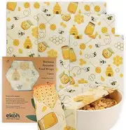 EKOH Beeswax Food Wraps Set of 3 Happy Honey Bee Prints Reusable Bees Wax Bowl Covers