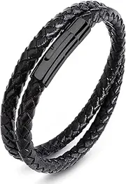 [AIZU] Black Blue Braided Leather Bracelet - Mens Genuine Leather Bracelets Woven with Leather Cord Rope & Steel Wire - Durable Stainless Steel Spring Clasp