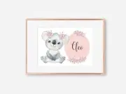 A4 Girls Koala Nursery Wall Print, Customised Name Floral Wall Print