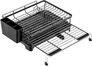 Large Dish Drainer with Drip Tray, 360° Rotating Nozzle, Rustproof Carbon Steel Drying Rack for Kitchen Sink Counter Storage, Heavy-Duty Tableware Organizer with Removable Tray