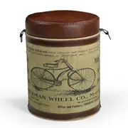 Handmade Round Ottoman � Brown Leather & Canvas Stool with Bicycle Print