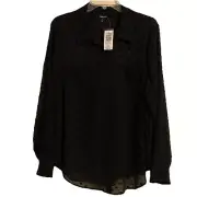 New Torrid Women's Size 1X Black Chiffon Flocked Dots Button Front Blouse