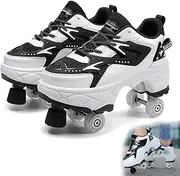 [AMMFIT] Roller Skate Shoes with Brake, Walk Deformation Shoes with Double-Row Wheels for Kids and Adults Technical Skateboarding Shoe with Deformed Wheels,White2-6