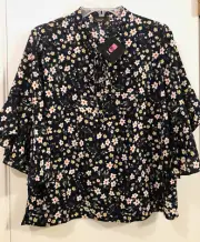 RAVE Black Floral Blouse Pullover 3/4 Sleeve Tie Front Women's 12 NEW