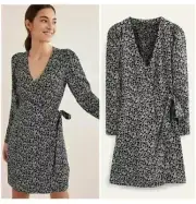 NWT BODEN|| Swirl Sprig Ruched Sleeve Mini Wrap Dress Black White Anthropologie