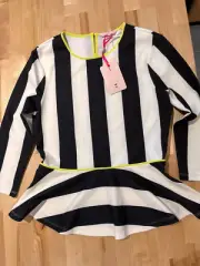 Ted Baker Peplum Top Black White 3/4 Sleeve Top w/ Side Zipper - Women's US Sz 2