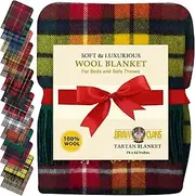 BRAW CLANS TARTANS 100% pure Wool blanket for bed 74x62 large blanket, Tartan checkered, Fringed, Soft, plaid Cozy Sofa throws, camping picnic warm blanket, winter blanket (Buchanan Modern)
