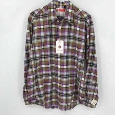 Robert Graham Dhow Freshly Laundered plaid cotton shirt purple green new Large