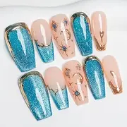 Sun&Beam Nails Press on Medium Long Coffin Ballerina Blue Gold Nude Fashion Artificial False Nail Tips 10 Pcs Set (#082 S)
