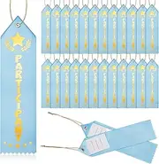 Zeyune 50 Pcs Participant Award Ribbon with Event Card and String Participant Star Point Top Award Ribbon Blue Participation Ribbon for School Competition Contest Office Team Kids Student Trophy