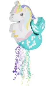 Small Unicorn Mermaid Pull String Pinata for Girls Birthday, 16.5x13x3 Inches