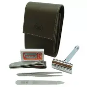 Dovo Solingen Shaving Grooming Men Travel Kit Razor/Tweezer/File w/ Brown Case