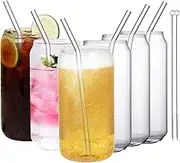 UHAPEER 6 Pack Can Shaped Beer Glasses, 473 ml/16 oz Pint Drink Glasses, Iced Coffee Tea Glasses with Glass Straw, Cocktail Glasses, Can Shaped Tumbler Cup for Water, Drinks, Juice, Boba Tea, Soda, Coke