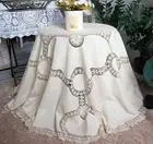 Skilful Fine Yarn Hand Crochet Rose Embroidery Beige Cotton Round Table Cloth XL
