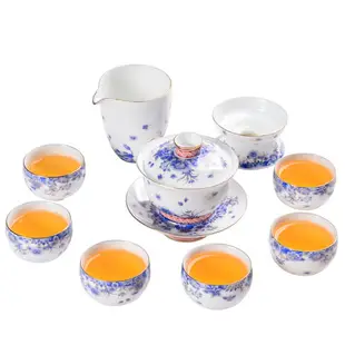 簡約青花瓷蓋碗茶杯套組陶瓷功夫茶具6人整套家用茶具禮盒