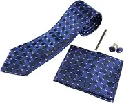 [Zasel] Mens Navy, Black & Silver Diamond Matching Neck Tie, Pocket Square, Cuff Links And Tie Clip Set Navy, Black, Silver