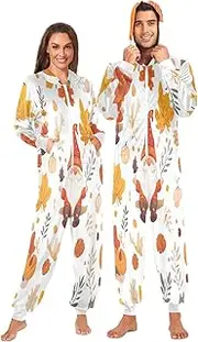 [ZZXXB] Gnome Autumn Leaf Print Onesie Pajamas for Adult Women Men Long Sleeves One Piece Onesies Hooded Sleepwear S - XL