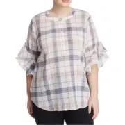 Vince Camuto Womens Plaid Flutter Sleeve Button-Down Top Ash Rose Plus Size NWT